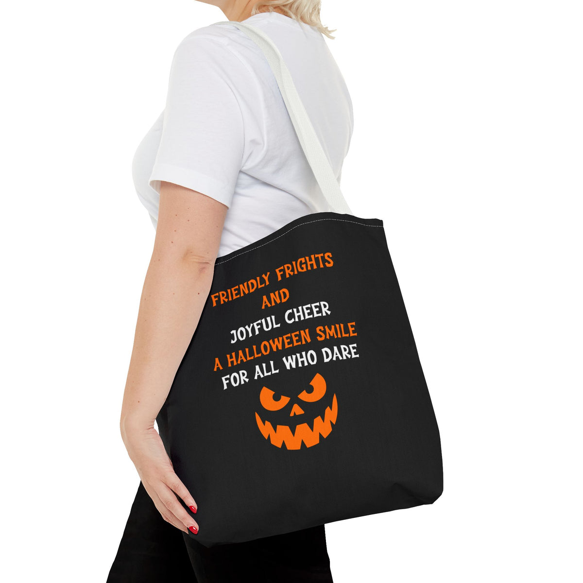 Halloween Jack-O'-Lantern Tote Bag — "Friendly Frights and Joyful Cheer" Trick-or-Treat Reusable Shopper