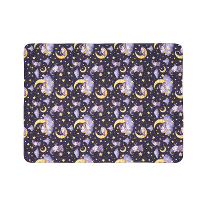 Sleepy Gnomes & Celestial Moon Sherpa Fleece Blanket | Whimsical Nighttime Cozy Throw