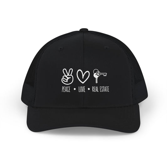 Peace Love Real Estate Snapback Trucker Hat | Realtor Symbol Mesh Baseball Cap