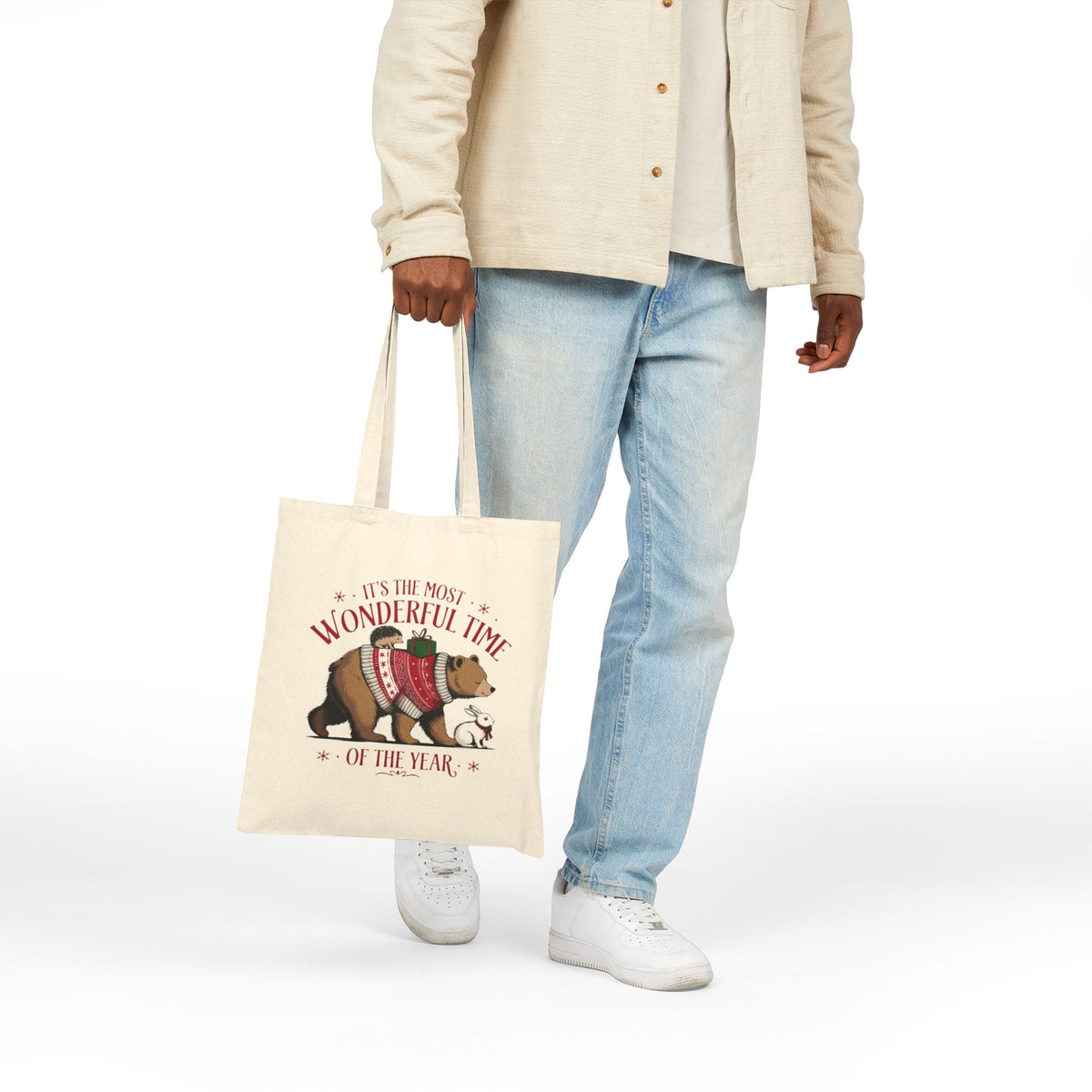 "It's The Most Wonderful Time Of The Year" Christmas Bear Cotton Canvas Tote Bag
