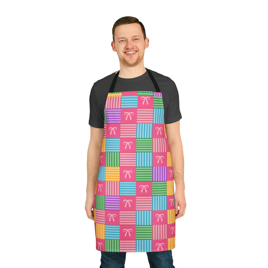 Vibrant Pink Ribbon Bow Patchwork All-Over Print Apron | Bright Coquette Kitchen Gift
