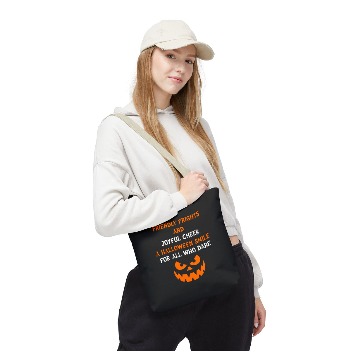 Halloween Jack-O'-Lantern Tote Bag — "Friendly Frights and Joyful Cheer" Trick-or-Treat Reusable Shopper