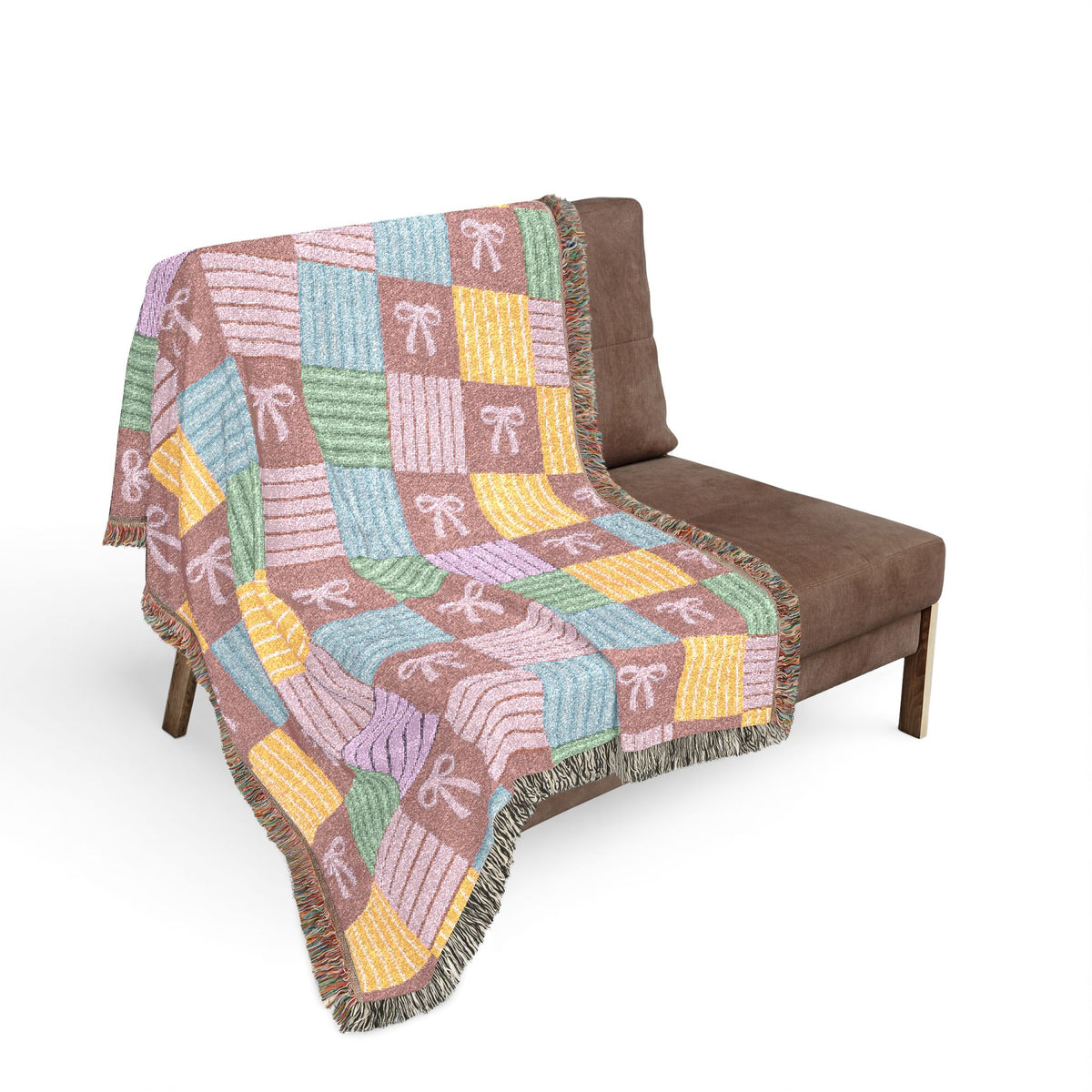 Cozy Patchwork & Pink Bows Woven Throw Blanket