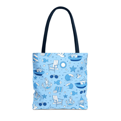 Nautical Coastal Pattern Tote Bag | Blue & White Beach Day Shopper