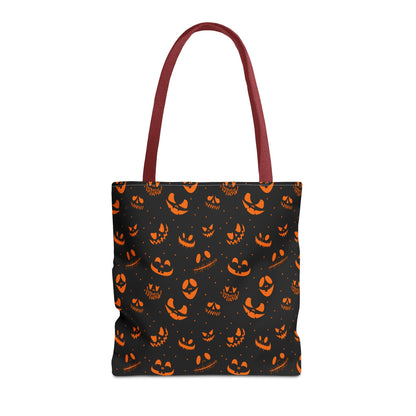 Spooky Jack-O'-Lantern Faces Pattern Tote Bag | Neon Orange & Black Halloween Shopper