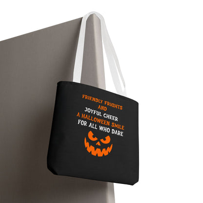 Halloween Jack-O'-Lantern Tote Bag — "Friendly Frights and Joyful Cheer" Trick-or-Treat Reusable Shopper