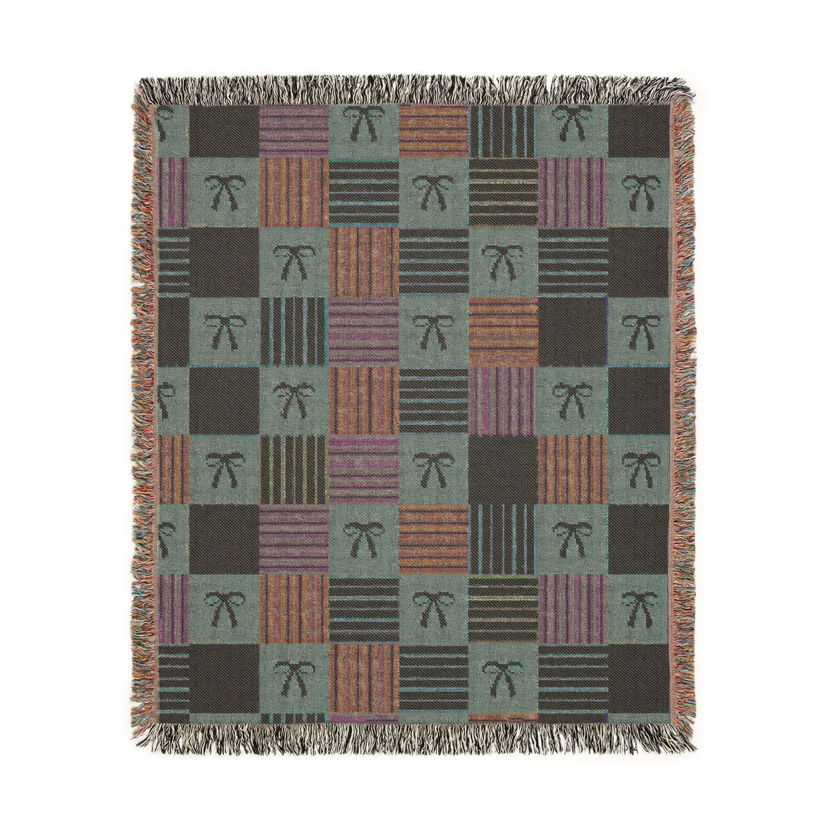 Cozy Patchwork & Pink Bows Woven Throw Blanket