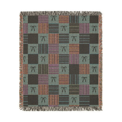 Cozy Patchwork & Pink Bows Woven Throw Blanket