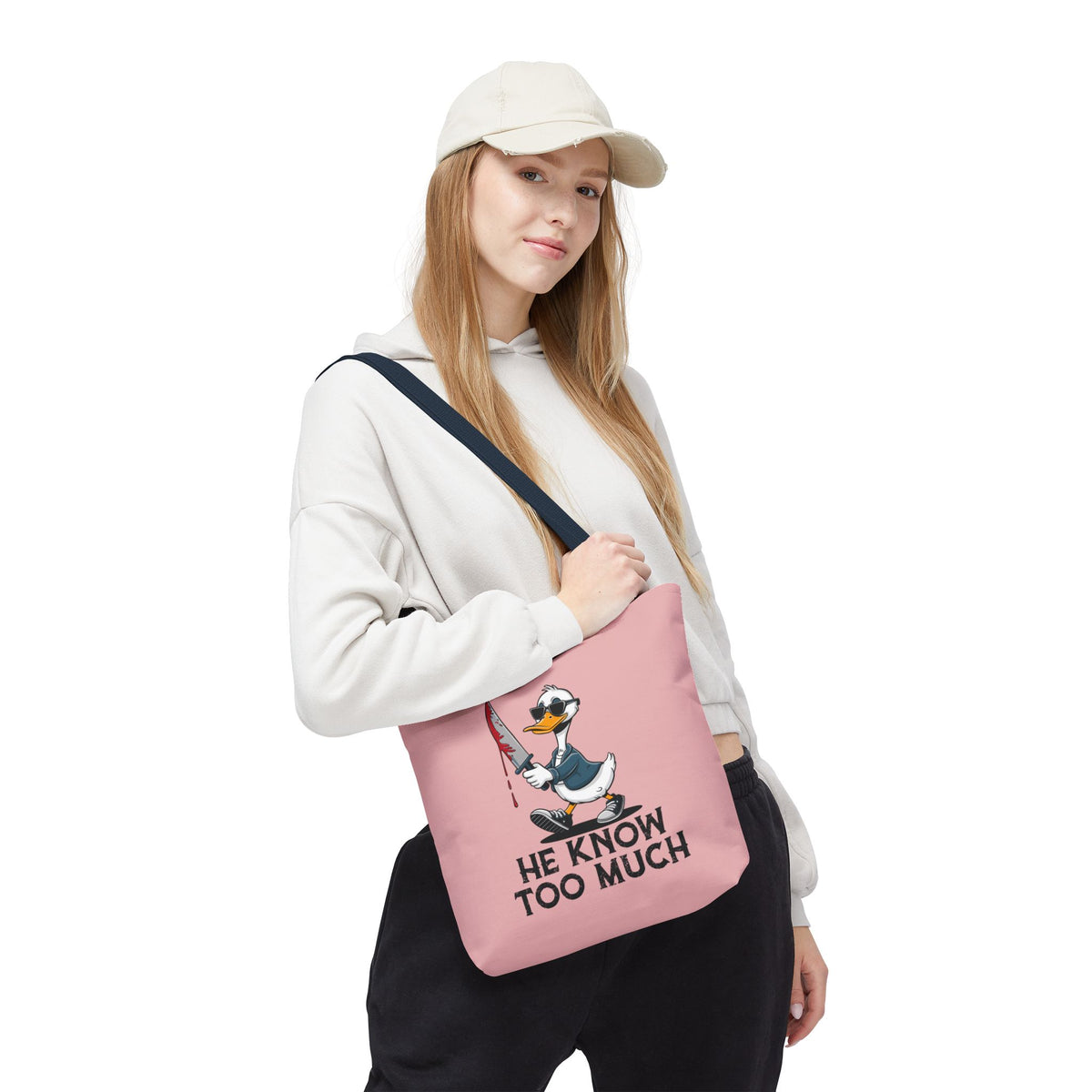 "He Know Too Much" Chaos Duck With Knife Funny Polyester Tote Bag