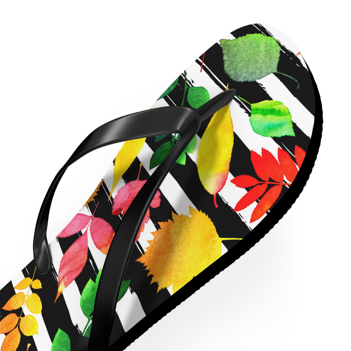 Autumn Leaves on Black Stripes Flip Flops — Fall Sandals