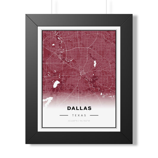 Dallas Map Poster - Framed City Map Print (Burgundy Gradient)