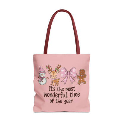 "It's The Most Wonderful Time Of The Year" Pink Holiday Icons Polyester Tote Bag