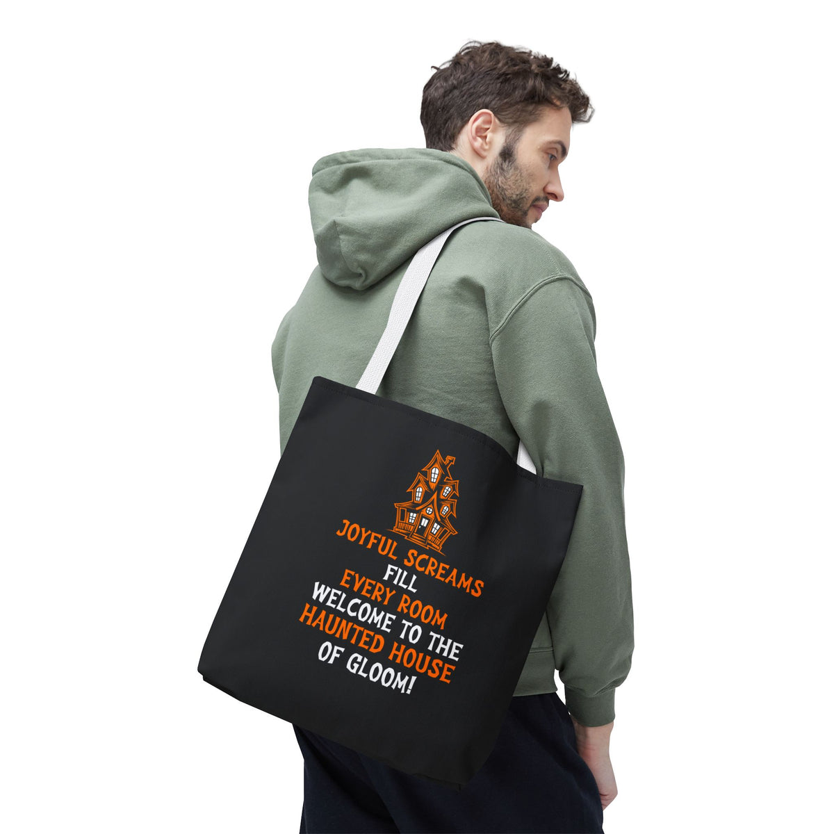 Halloween Haunted House Tote Bag — "Joyful Screams" Trick-or-Treat Reusable Shopper
