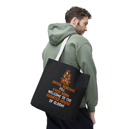 Halloween Haunted House Tote Bag — "Joyful Screams" Trick-or-Treat Reusable Shopper