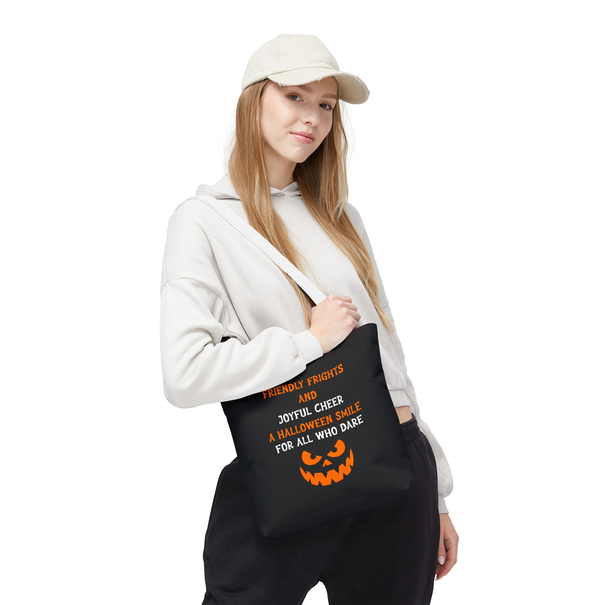 Halloween Jack-O'-Lantern Tote Bag — "Friendly Frights and Joyful Cheer" Trick-or-Treat Reusable Shopper