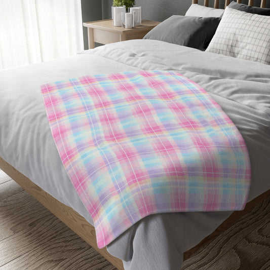 Pastel Plaid Checkered Velveteen Blanket | Soft Pink & Blue Microfiber Throw (Two-sided print)