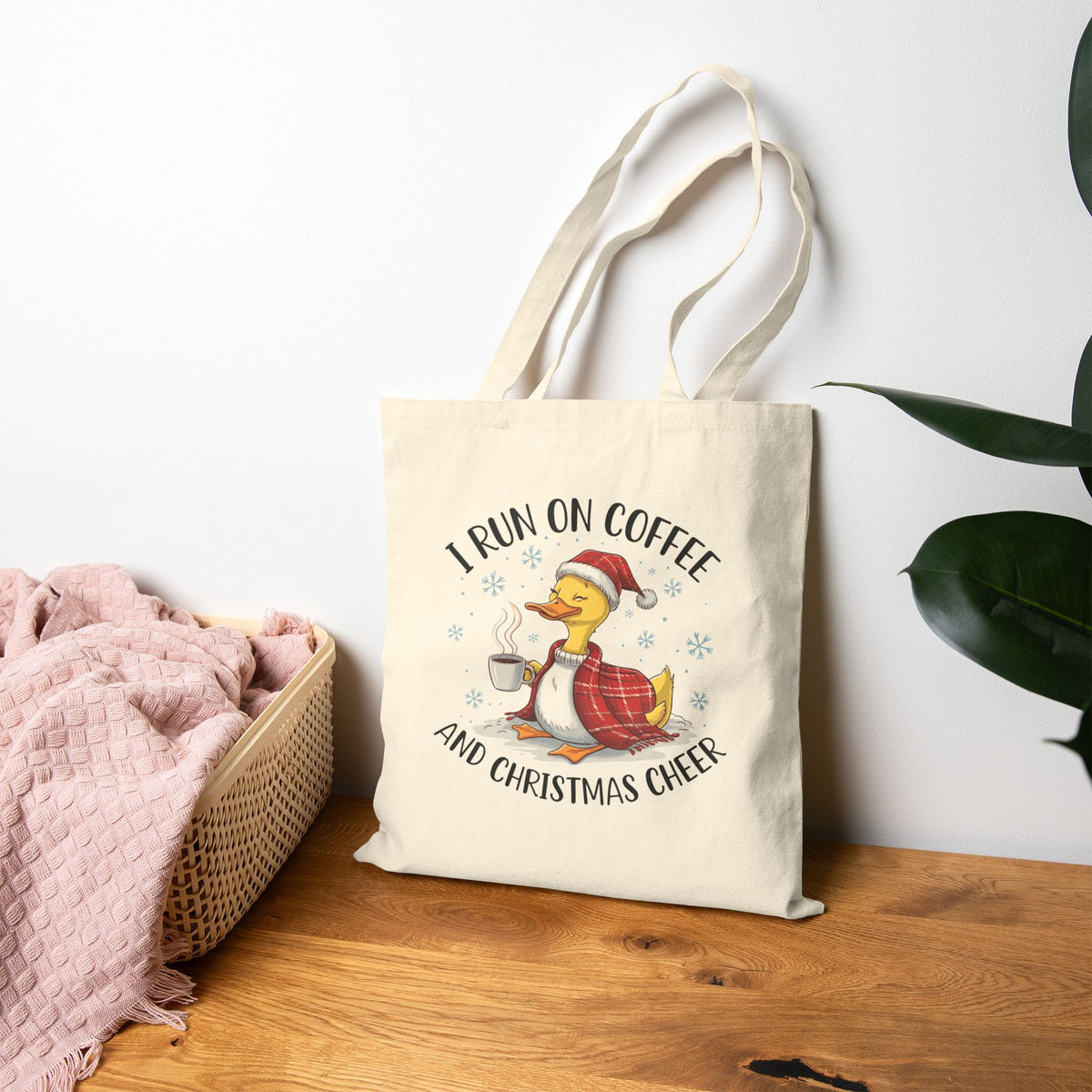 "I Run On Coffee And Christmas Cheer" Cozy Duck Coffee Lover Cotton Canvas Tote Bag