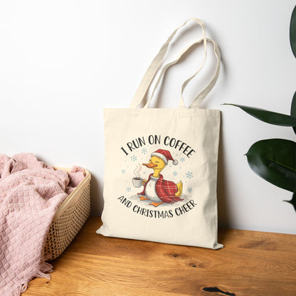 "I Run On Coffee And Christmas Cheer" Cozy Duck Coffee Lover Cotton Canvas Tote Bag