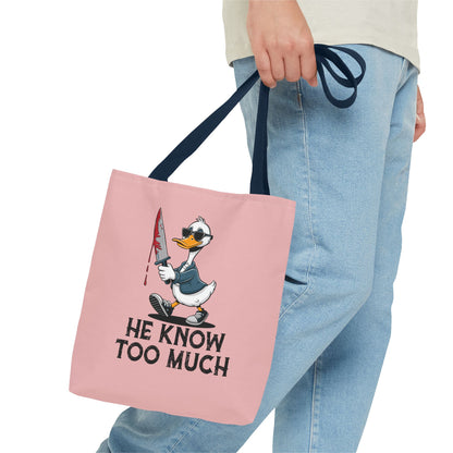"He Know Too Much" Chaos Duck With Knife Funny Polyester Tote Bag