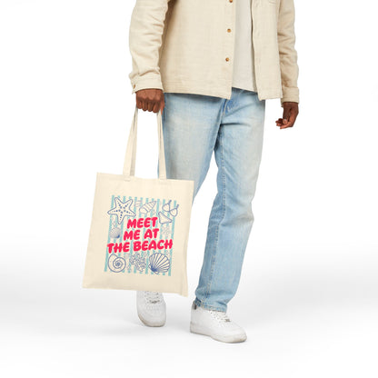 Meet Me At The Beach Coastal Seashells & Stripes Cotton Canvas Tote Bag
