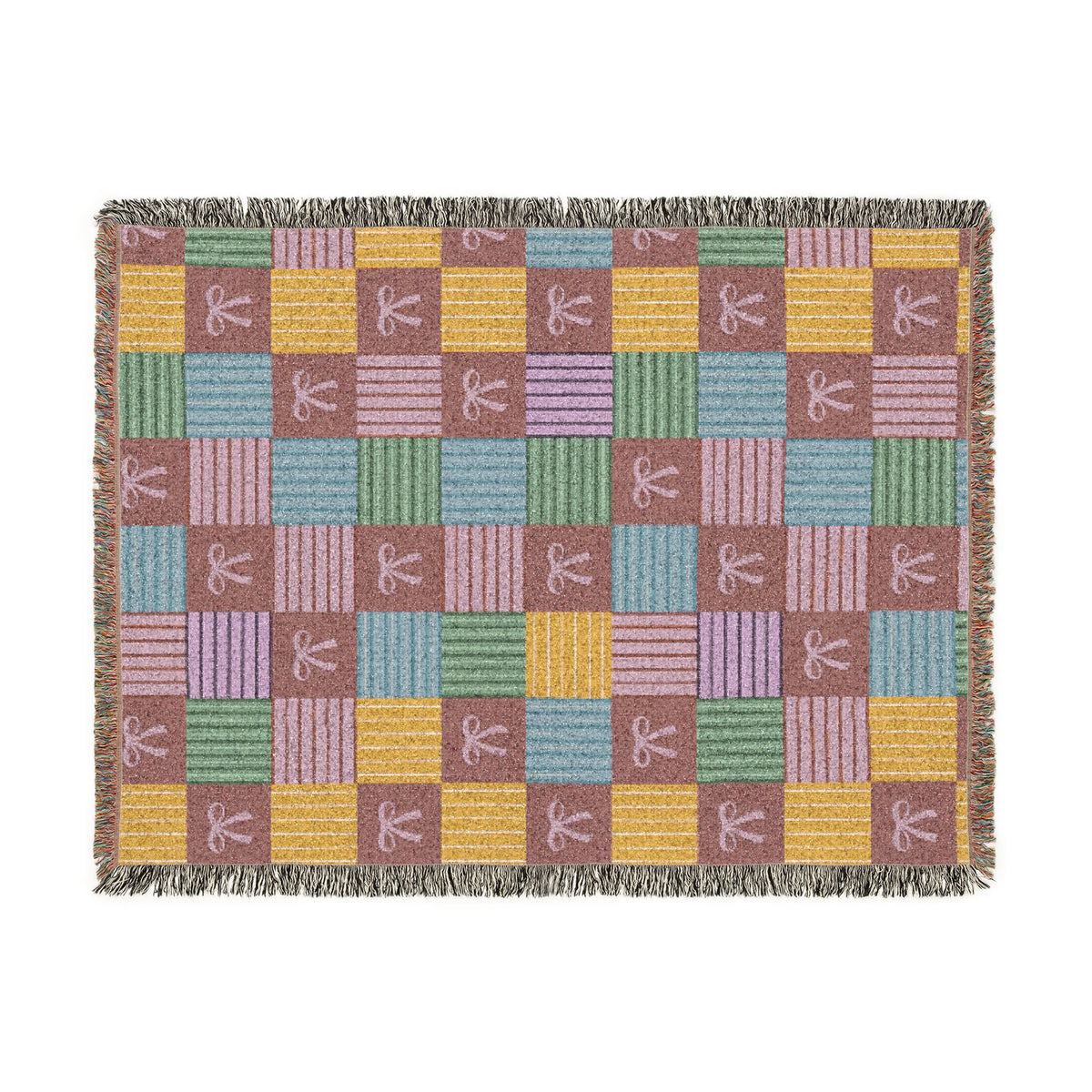 Cozy Patchwork & Pink Bows Woven Throw Blanket