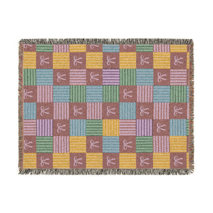Cozy Patchwork & Pink Bows Woven Throw Blanket