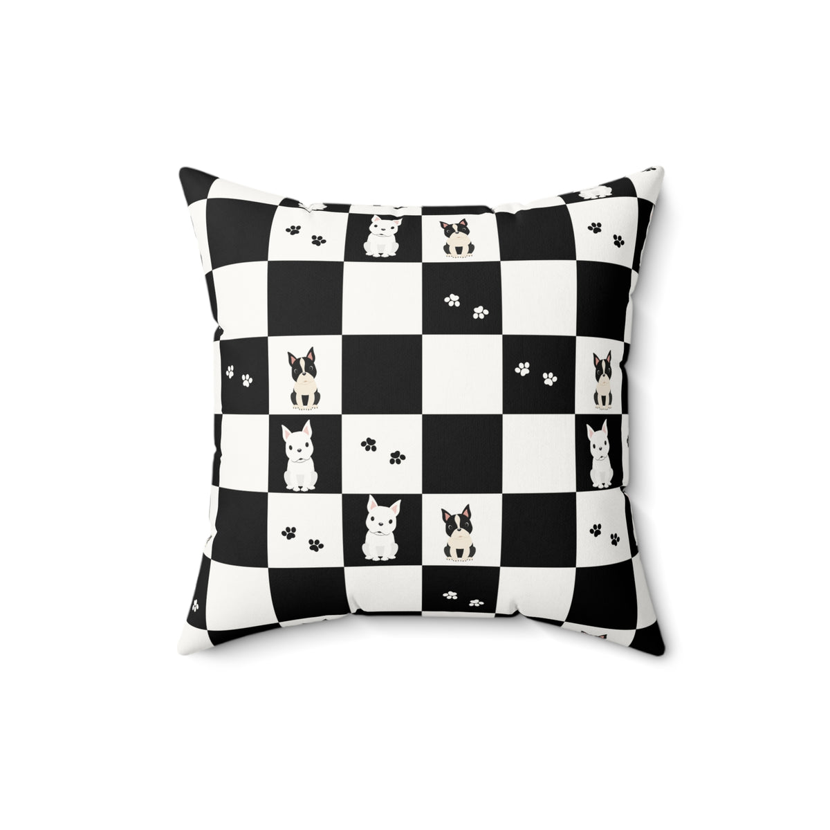 Black & White Checkered French Bulldog Faux Suede Square Pillow | Dog Lover Accent Cushion