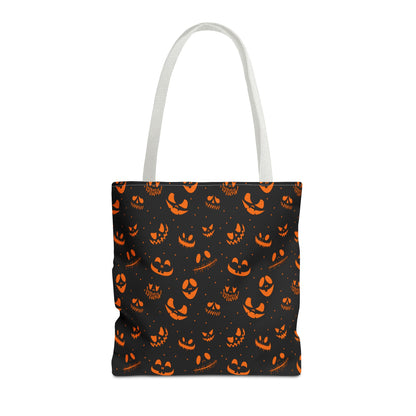 Spooky Jack-O'-Lantern Faces Pattern Tote Bag | Neon Orange & Black Halloween Shopper