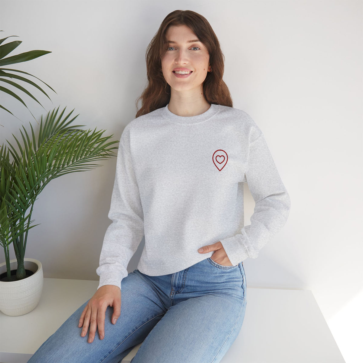 Location Heart Wrist Sweatshirt — Minimalist Embroidered Pin with Heart