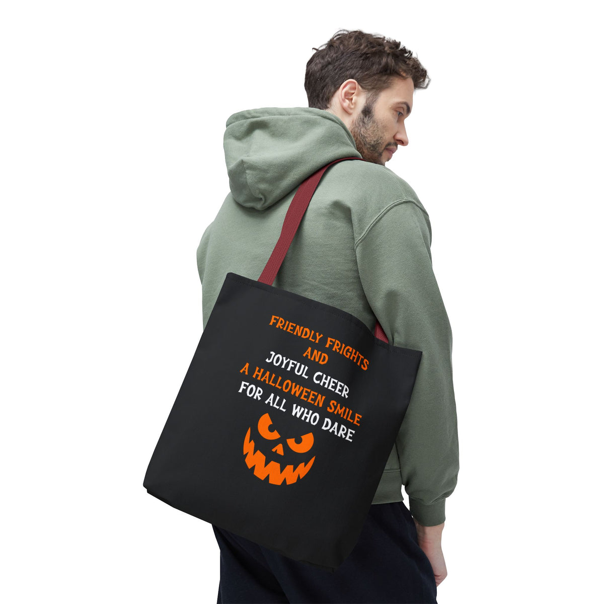 Halloween Jack-O'-Lantern Tote Bag — "Friendly Frights and Joyful Cheer" Trick-or-Treat Reusable Shopper