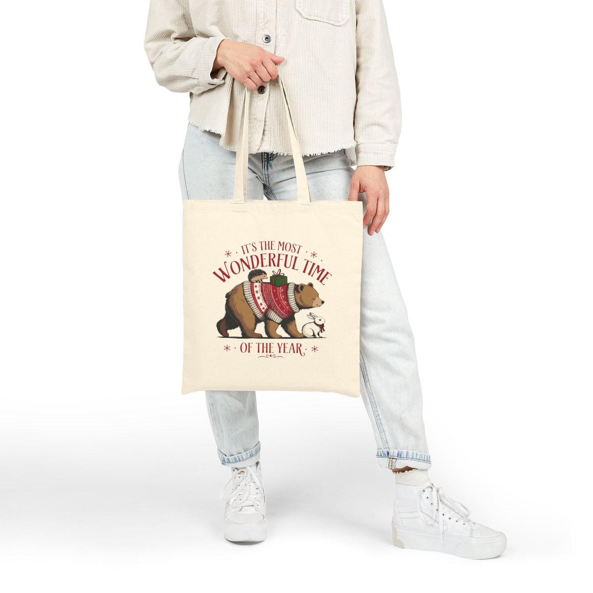 "It's The Most Wonderful Time Of The Year" Christmas Bear Cotton Canvas Tote Bag