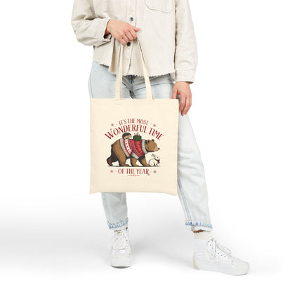 "It's The Most Wonderful Time Of The Year" Christmas Bear Cotton Canvas Tote Bag
