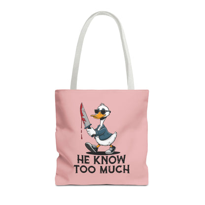 "He Know Too Much" Chaos Duck With Knife Funny Polyester Tote Bag