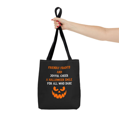 Halloween Jack-O'-Lantern Tote Bag — "Friendly Frights and Joyful Cheer" Trick-or-Treat Reusable Shopper