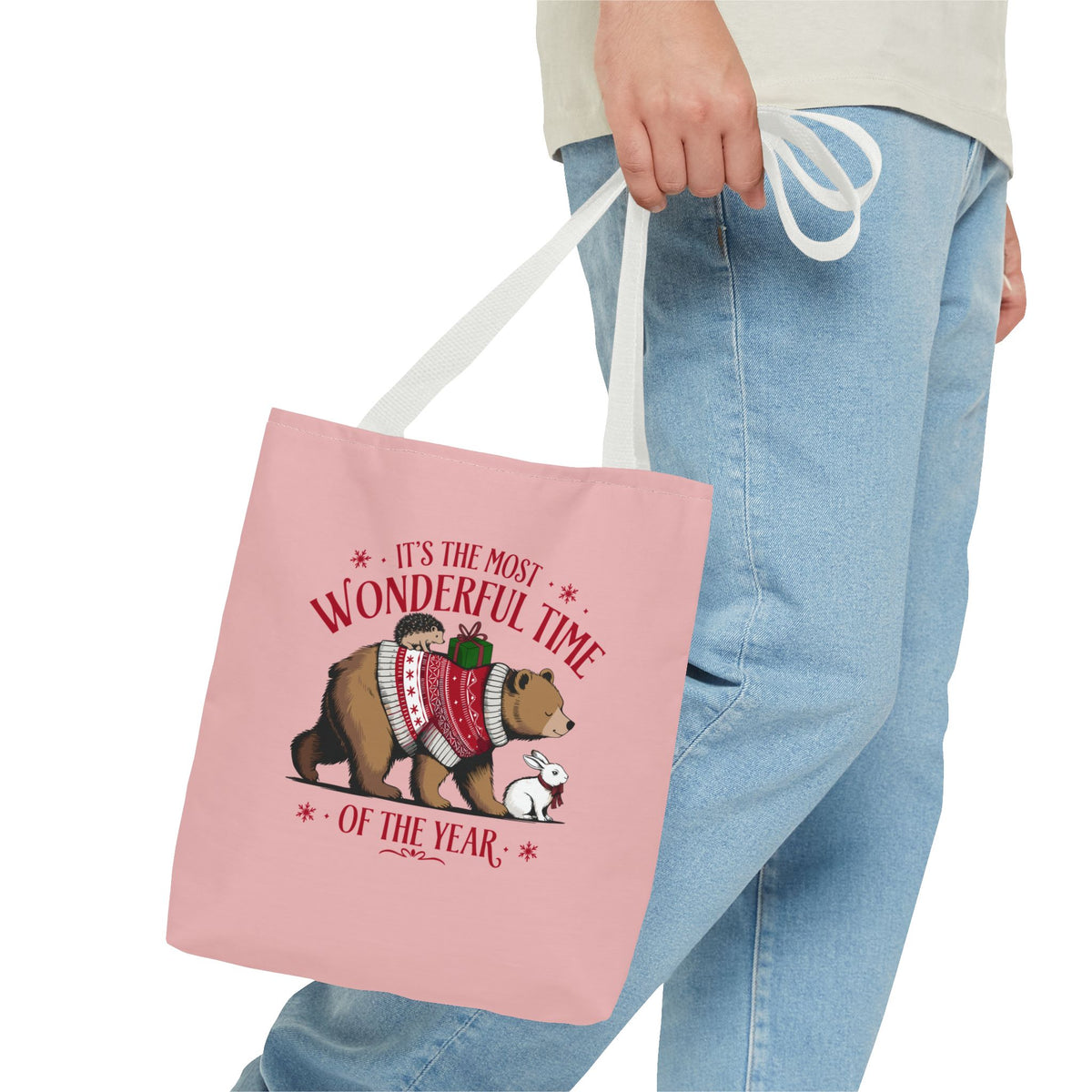 "It's The Most Wonderful Time Of The Year" Woodland Animals Holiday Sweater Polyester Tote Bag