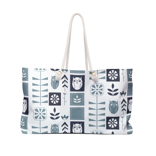 Nordic Owl & Floral Geometric Folk Art Weekender Bag — Oversized Beach & Travel Tote
