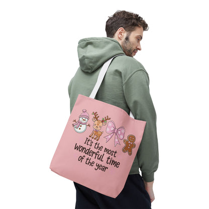 "It's The Most Wonderful Time Of The Year" Pink Holiday Icons Polyester Tote Bag