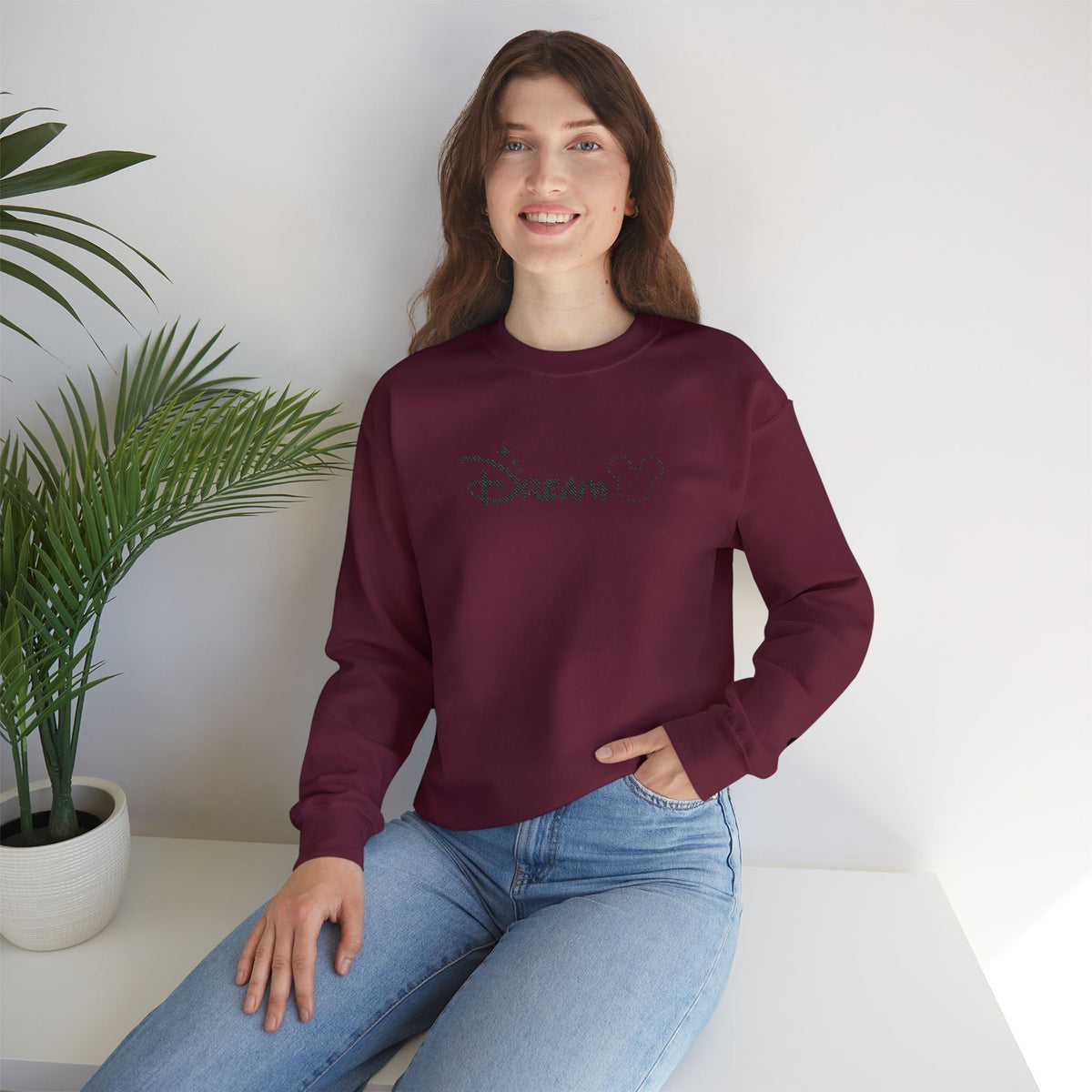 Minimalist Magic Dream Crewneck Sweatshirt — Embroidered Mouse Silhouette & Script