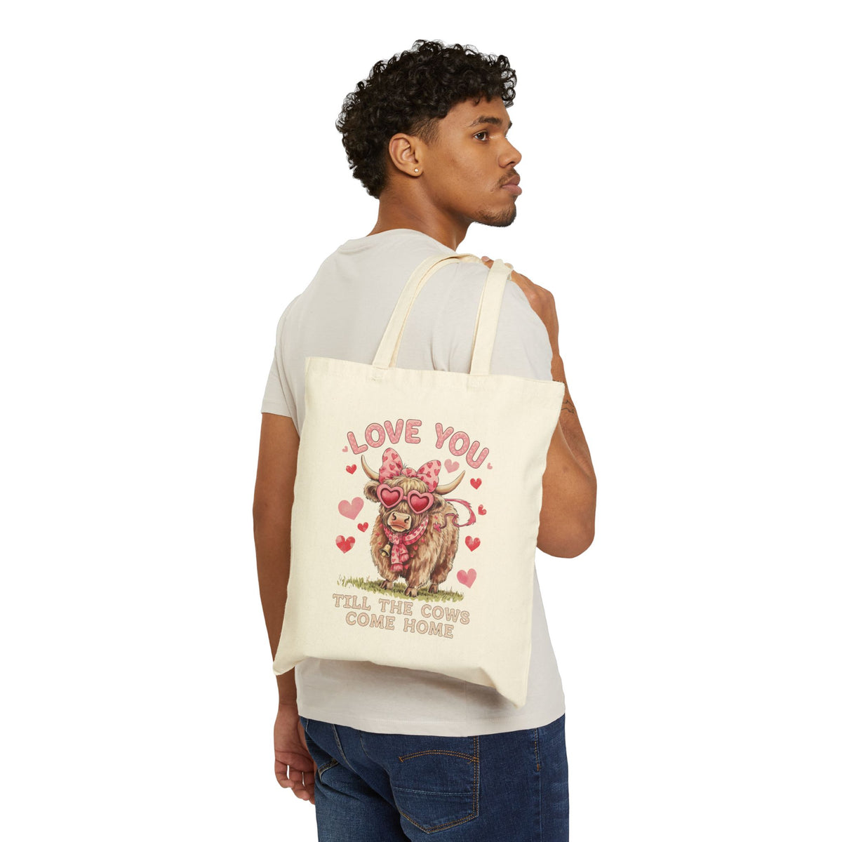 "Love You Till The Cows Come Home" Highland Cow Heart Sunglasses Cotton Canvas Tote Bag