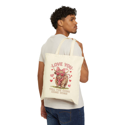 "Love You Till The Cows Come Home" Highland Cow Heart Sunglasses Cotton Canvas Tote Bag