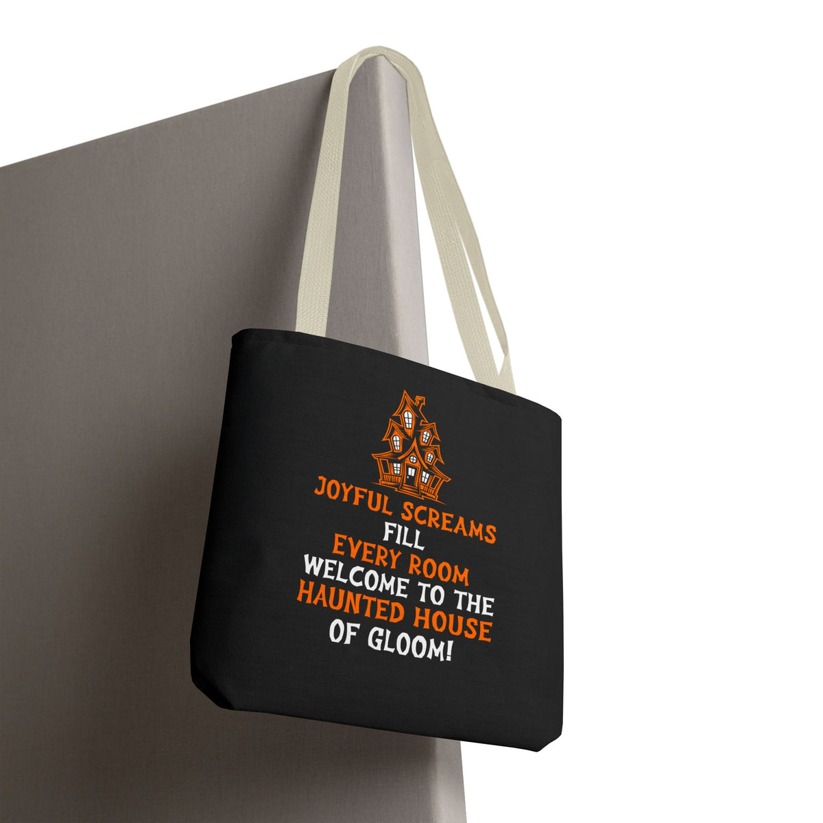 Halloween Haunted House Tote Bag — "Joyful Screams" Trick-or-Treat Reusable Shopper