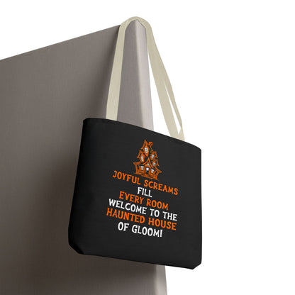 Halloween Haunted House Tote Bag — "Joyful Screams" Trick-or-Treat Reusable Shopper