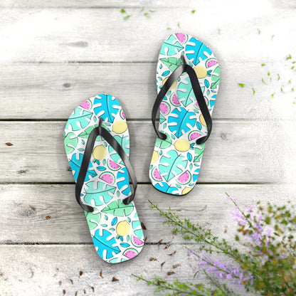 Tropical Watermelon & Lemon Summer Flip Flops — Playful Fruit & Leaf Sandals
