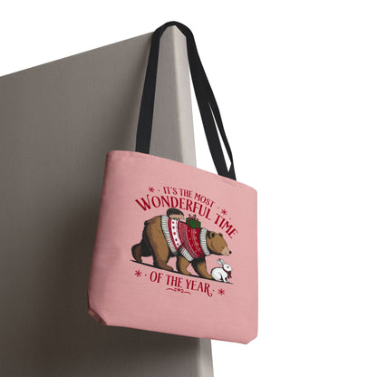 "It's The Most Wonderful Time Of The Year" Woodland Animals Holiday Sweater Polyester Tote Bag