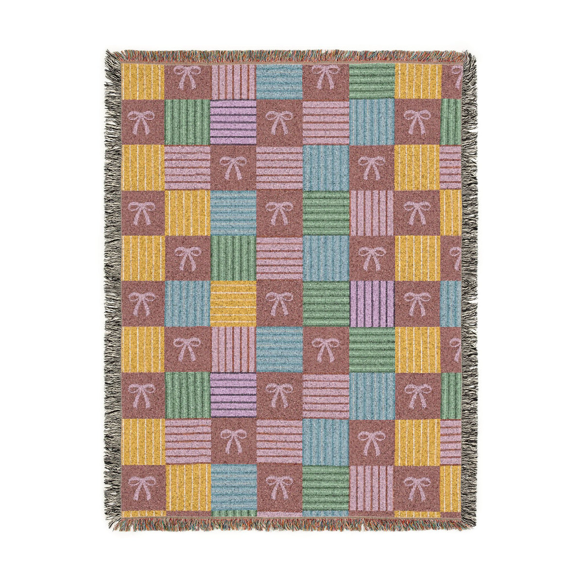Cozy Patchwork & Pink Bows Woven Throw Blanket