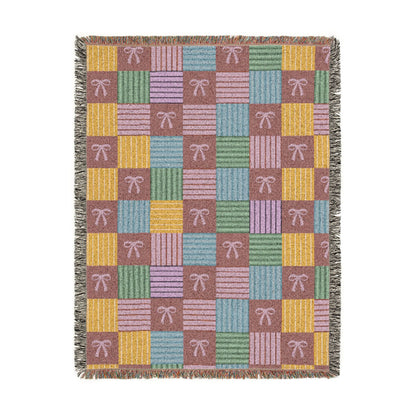 Cozy Patchwork & Pink Bows Woven Throw Blanket