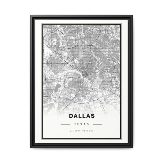 Dallas City Map Matte Canvas Print (Framed) - Modern Black & White Wall Art