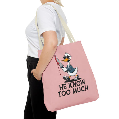 "He Know Too Much" Chaos Duck With Knife Funny Polyester Tote Bag