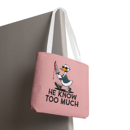 "He Know Too Much" Chaos Duck With Knife Funny Polyester Tote Bag