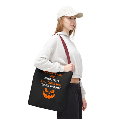 Halloween Jack-O'-Lantern Tote Bag — "Friendly Frights and Joyful Cheer" Trick-or-Treat Reusable Shopper